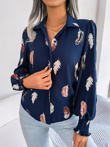 Women's Casual Feather Print Turn Down Collar Long Sleeve Blouse - American Thistle Women's Casual Feather Print Turn Down Collar Long Sleeve Blouse