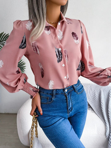 Women's Casual Feather Print Turn Down Collar Long Sleeve Blouse - American Thistle Women's Casual Feather Print Turn Down Collar Long Sleeve Blouse