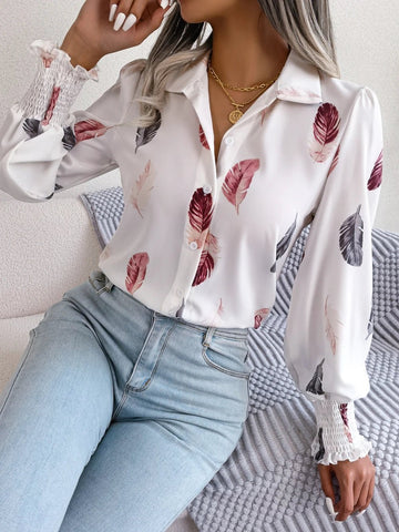 Women's Casual Feather Print Turn Down Collar Long Sleeve Blouse - American Thistle Women's Casual Feather Print Turn Down Collar Long Sleeve Blouse