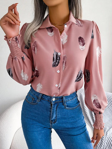 Women's Casual Feather Print Turn Down Collar Long Sleeve Blouse - American Thistle Women's Casual Feather Print Turn Down Collar Long Sleeve Blouse