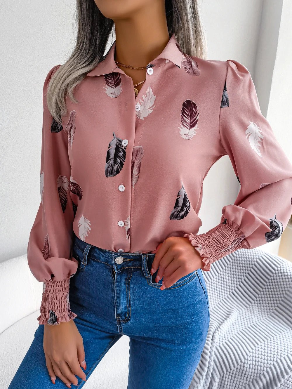 Women's Casual Feather Print Turn Down Collar Long Sleeve Blouse - American Thistle Women's Casual Feather Print Turn Down Collar Long Sleeve Blouse