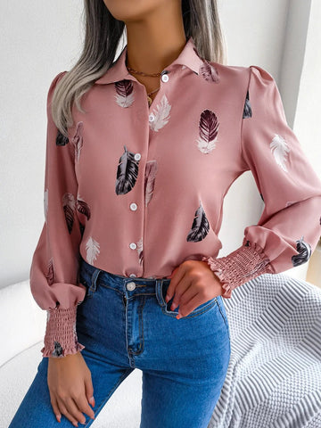 Women's Casual Feather Print Turn Down Collar Long Sleeve Blouse - American Thistle Women's Casual Feather Print Turn Down Collar Long Sleeve Blouse