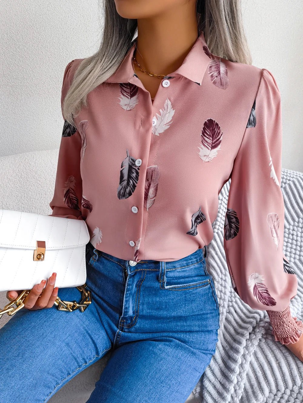 Women's Casual Feather Print Turn Down Collar Long Sleeve Blouse - American Thistle Women's Casual Feather Print Turn Down Collar Long Sleeve Blouse