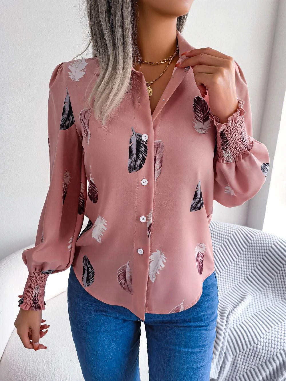 Women's Casual Feather Print Turn Down Collar Long Sleeve Blouse - American Thistle Women's Casual Feather Print Turn Down Collar Long Sleeve Blouse