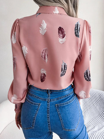 Women's Casual Feather Print Turn Down Collar Long Sleeve Blouse - American Thistle Women's Casual Feather Print Turn Down Collar Long Sleeve Blouse