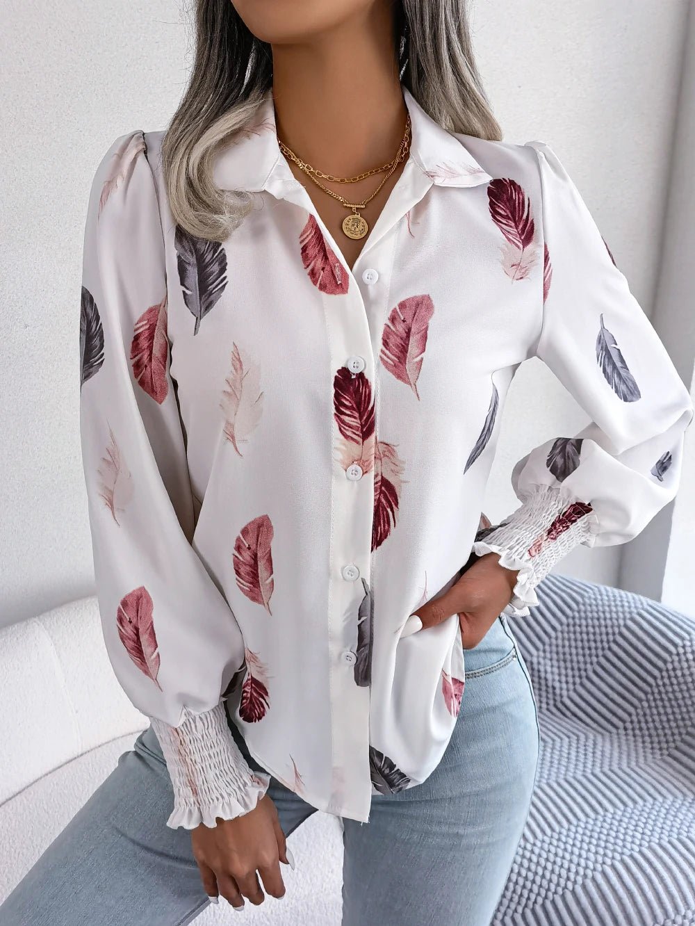 Women's Casual Feather Print Turn Down Collar Long Sleeve Blouse - American Thistle Women's Casual Feather Print Turn Down Collar Long Sleeve Blouse