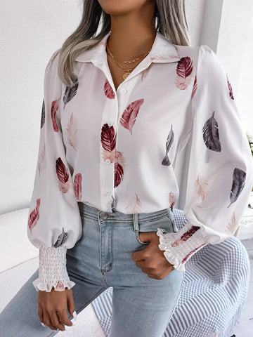 Women's Casual Feather Print Turn Down Collar Long Sleeve Blouse - American Thistle Women's Casual Feather Print Turn Down Collar Long Sleeve Blouse