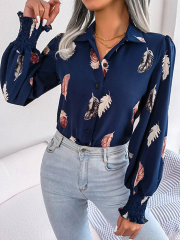 Women's Casual Feather Print Turn Down Collar Long Sleeve Blouse - American Thistle Women's Casual Feather Print Turn Down Collar Long Sleeve Blouse