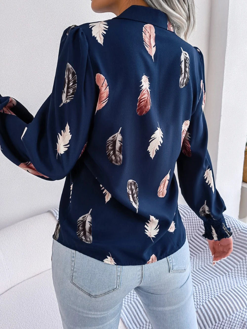 Women's Casual Feather Print Turn Down Collar Long Sleeve Blouse - American Thistle Women's Casual Feather Print Turn Down Collar Long Sleeve Blouse