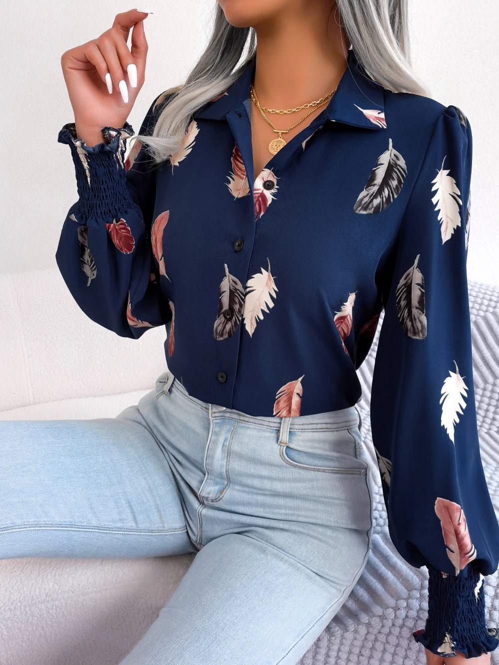Women's Casual Feather Print Turn Down Collar Long Sleeve Blouse - American Thistle Women's Casual Feather Print Turn Down Collar Long Sleeve Blouse