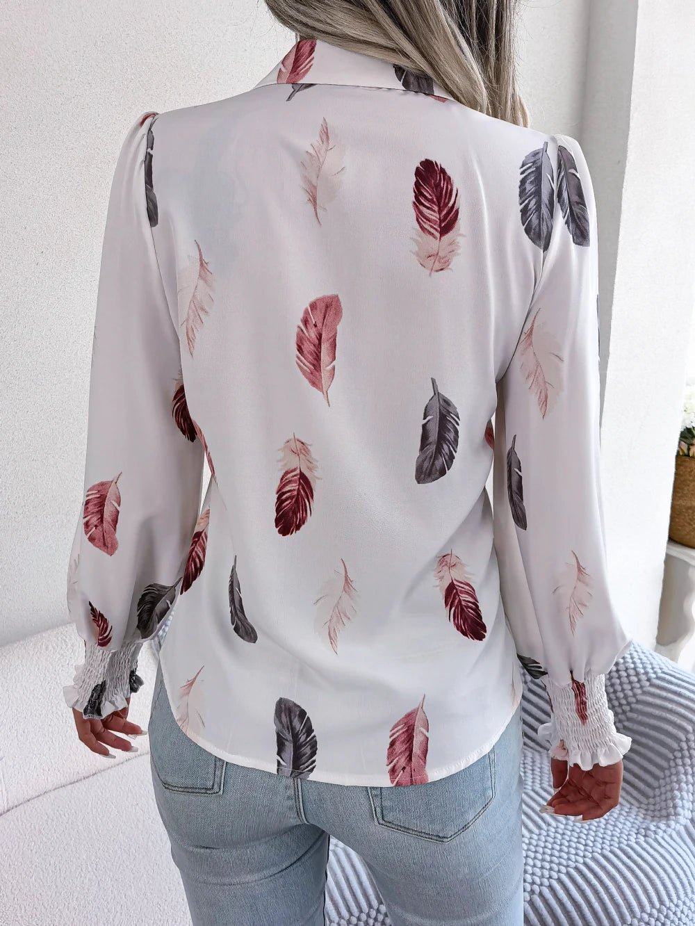 Women's Casual Feather Print Turn Down Collar Long Sleeve Blouse - American Thistle Women's Casual Feather Print Turn Down Collar Long Sleeve Blouse