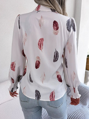 Women's Casual Feather Print Turn Down Collar Long Sleeve Blouse - American Thistle Women's Casual Feather Print Turn Down Collar Long Sleeve Blouse