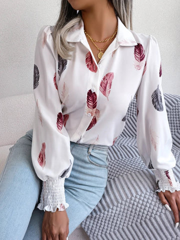 Women's Casual Feather Print Turn Down Collar Long Sleeve Blouse - American Thistle Women's Casual Feather Print Turn Down Collar Long Sleeve Blouse