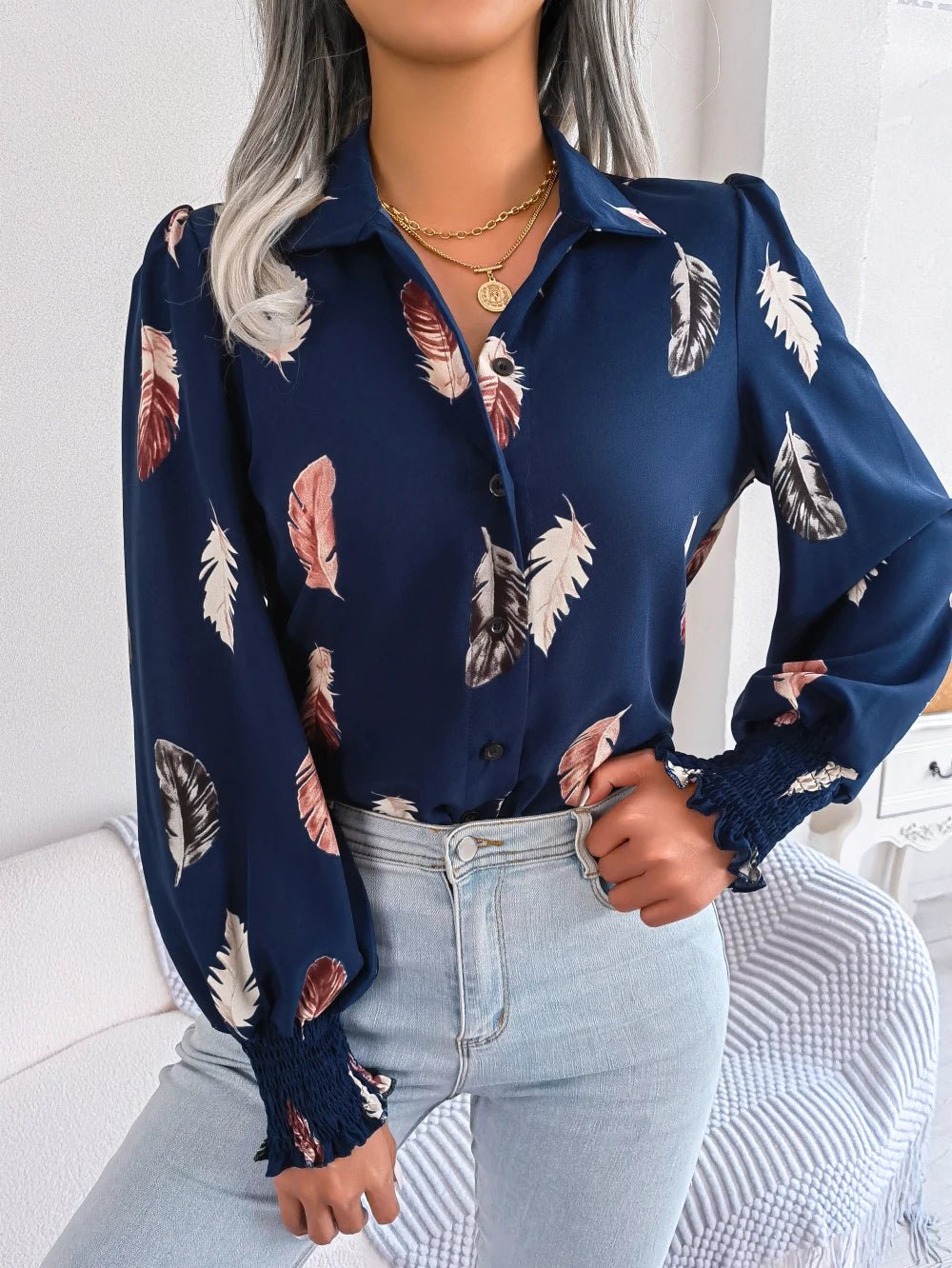 Women's Casual Feather Print Turn Down Collar Long Sleeve Blouse - American Thistle Women's Casual Feather Print Turn Down Collar Long Sleeve Blouse