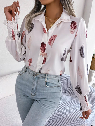 Women's Casual Feather Print Turn Down Collar Long Sleeve Blouse - American Thistle Women's Casual Feather Print Turn Down Collar Long Sleeve Blouse