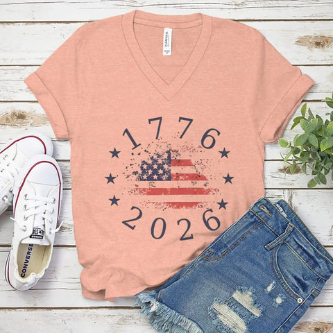 Women's Clothing Usa Flag Design for Independence Day T-shirt 1776 - 2026 USA 250th Anniversary V - neck Tops Retro Usa 250 Clothes - American ThistleWomen's Clothing Usa Flag Design for Independence Day T-shirt 1776 - 2026 USA 250th Anniversary V - neck Tops Retro Usa 250 Clothes