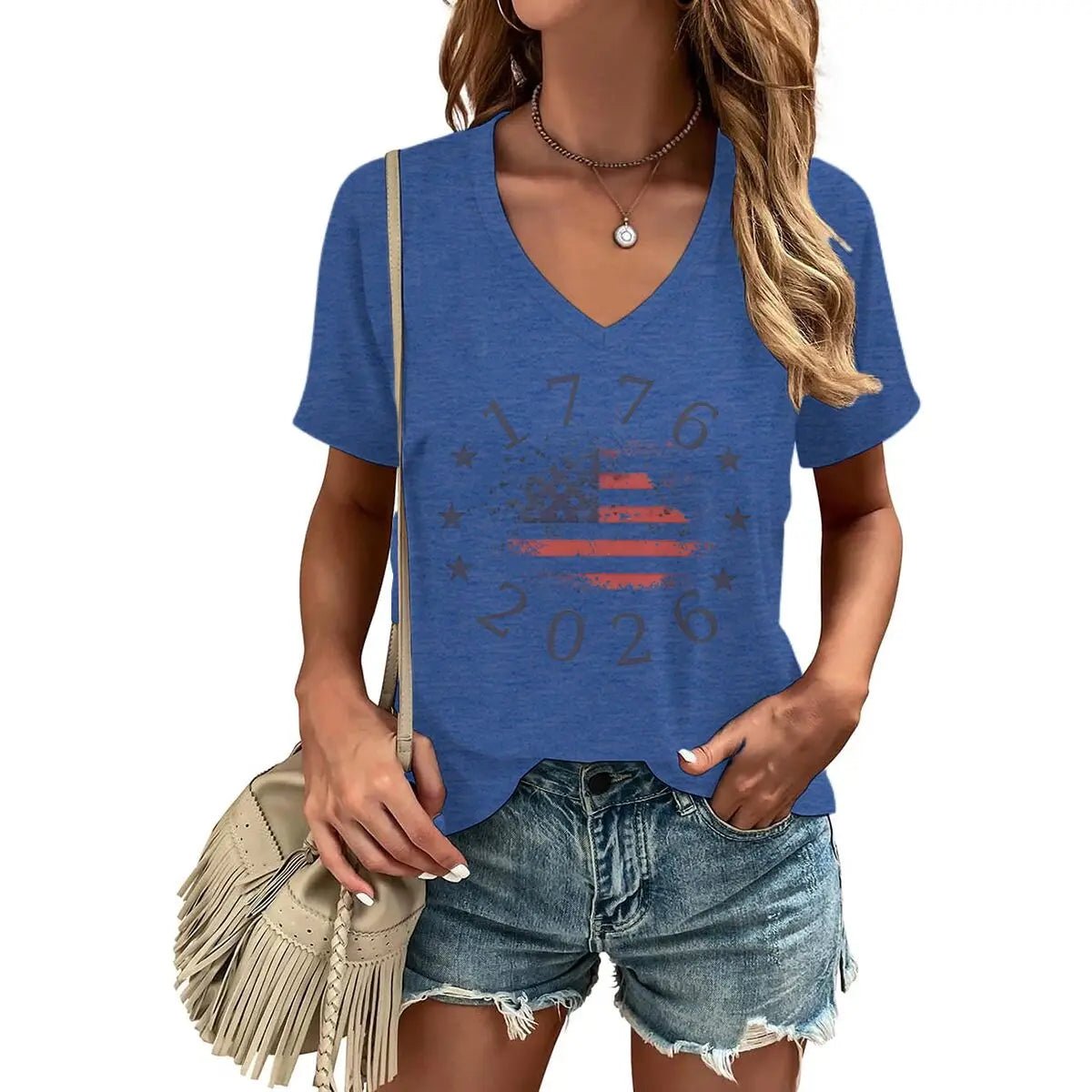 Women's Clothing Usa Flag Design for Independence Day T-shirt 1776 - 2026 USA 250th Anniversary V - neck Tops Retro Usa 250 Clothes - American ThistleWomen's Clothing Usa Flag Design for Independence Day T-shirt 1776 - 2026 USA 250th Anniversary V - neck Tops Retro Usa 250 Clothes
