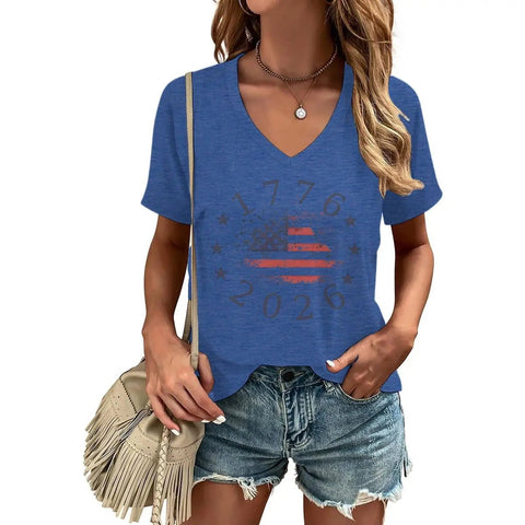 Women's Clothing Usa Flag Design for Independence Day T-shirt 1776 - 2026 USA 250th Anniversary V - neck Tops Retro Usa 250 Clothes - American ThistleWomen's Clothing Usa Flag Design for Independence Day T-shirt 1776 - 2026 USA 250th Anniversary V - neck Tops Retro Usa 250 Clothes