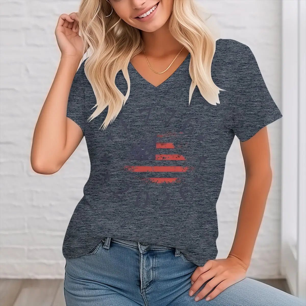 Women's Clothing Usa Flag Design for Independence Day T-shirt 1776 - 2026 USA 250th Anniversary V - neck Tops Retro Usa 250 Clothes - American ThistleWomen's Clothing Usa Flag Design for Independence Day T-shirt 1776 - 2026 USA 250th Anniversary V - neck Tops Retro Usa 250 Clothes