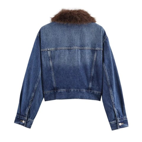 Women's Denim Jacket with Faux Fur Collar - American ThistleWomen's Denim Jacket with Faux Fur Collar