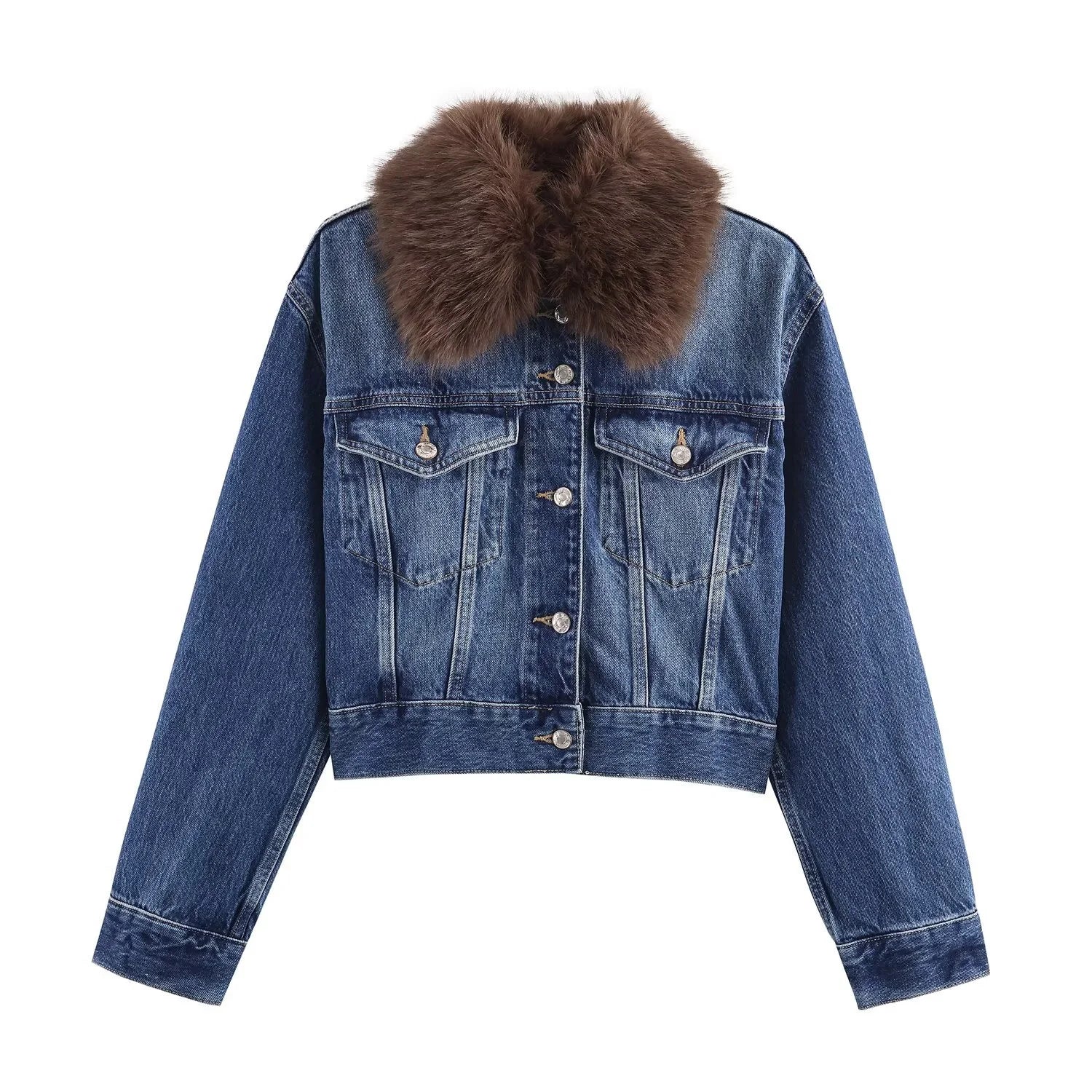 Women's Denim Jacket with Faux Fur Collar - American ThistleWomen's Denim Jacket with Faux Fur Collar
