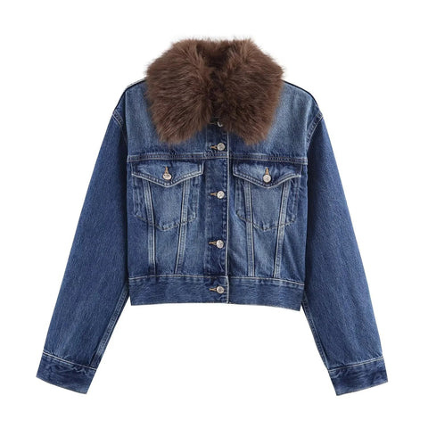 Women's Denim Jacket with Faux Fur Collar - American ThistleWomen's Denim Jacket with Faux Fur Collar