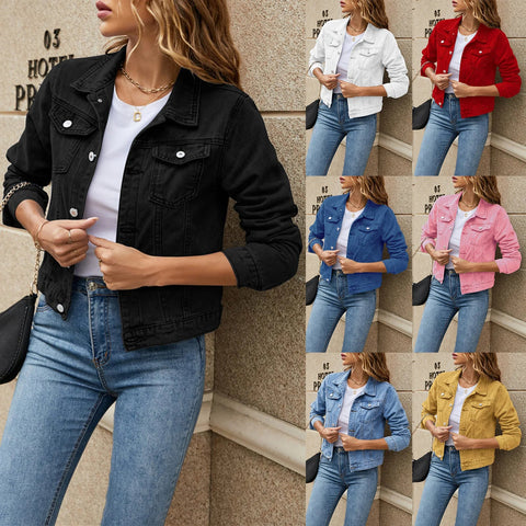 Women's Denim Jackets Fashion Female Casual Long Sleeve Lapel Solid Button Down Chest Pocket - American Thistle Women's Denim Jackets Fashion Female Casual Long Sleeve Lapel Solid Button Down Chest Pocket