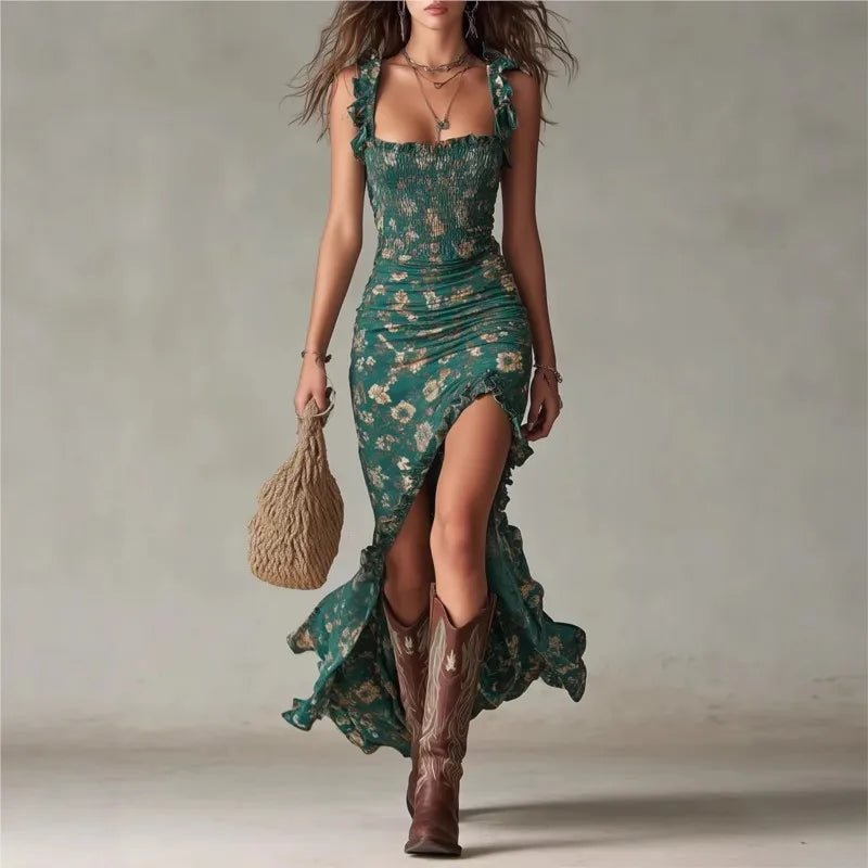 Women's Elegant Floral Beach Low Cut Beach Party Slim Slit Dress Chic Bodycon Lady Sleeveless - American ThistleWomen's Elegant Floral Beach Low Cut Beach Party Slim Slit Dress Chic Bodycon Lady Sleeveless