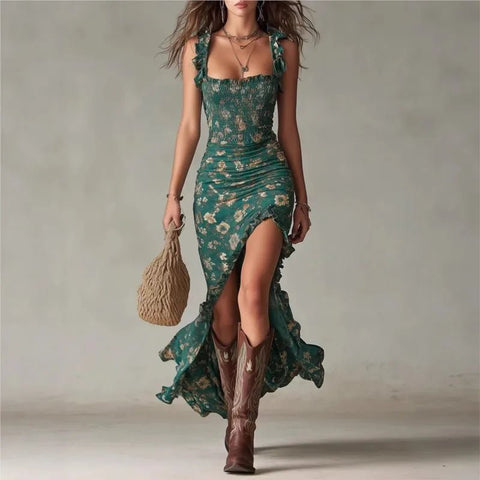 Women's Elegant Floral Beach Low Cut Beach Party Slim Slit Dress Chic Bodycon Lady Sleeveless - American ThistleWomen's Elegant Floral Beach Low Cut Beach Party Slim Slit Dress Chic Bodycon Lady Sleeveless