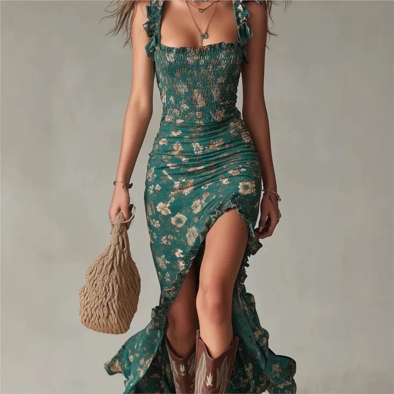 Women's Elegant Floral Beach Low Cut Beach Party Slim Slit Dress Chic Bodycon Lady Sleeveless - American ThistleWomen's Elegant Floral Beach Low Cut Beach Party Slim Slit Dress Chic Bodycon Lady Sleeveless