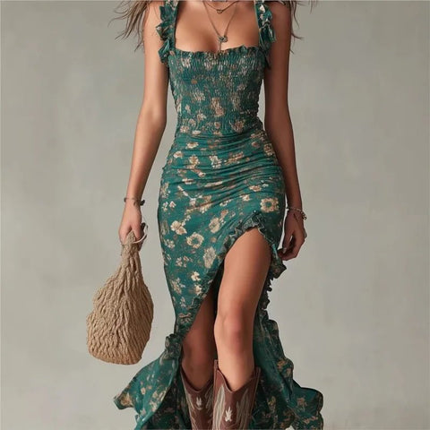 Women's Elegant Floral Beach Low Cut Beach Party Slim Slit Dress Chic Bodycon Lady Sleeveless - American ThistleWomen's Elegant Floral Beach Low Cut Beach Party Slim Slit Dress Chic Bodycon Lady Sleeveless