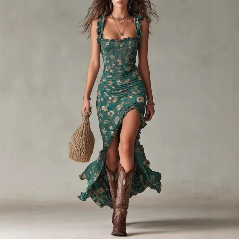 Women's Elegant Floral Beach Low Cut Beach Party Slim Slit Dress Chic Bodycon Lady Sleeveless - American ThistleWomen's Elegant Floral Beach Low Cut Beach Party Slim Slit Dress Chic Bodycon Lady Sleeveless