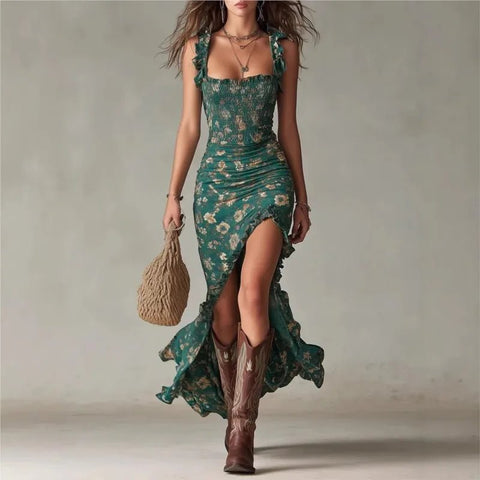 Women's Elegant Floral Beach Low Cut Beach Party Slim Slit Dress Chic Bodycon Lady Sleeveless - American ThistleWomen's Elegant Floral Beach Low Cut Beach Party Slim Slit Dress Chic Bodycon Lady Sleeveless