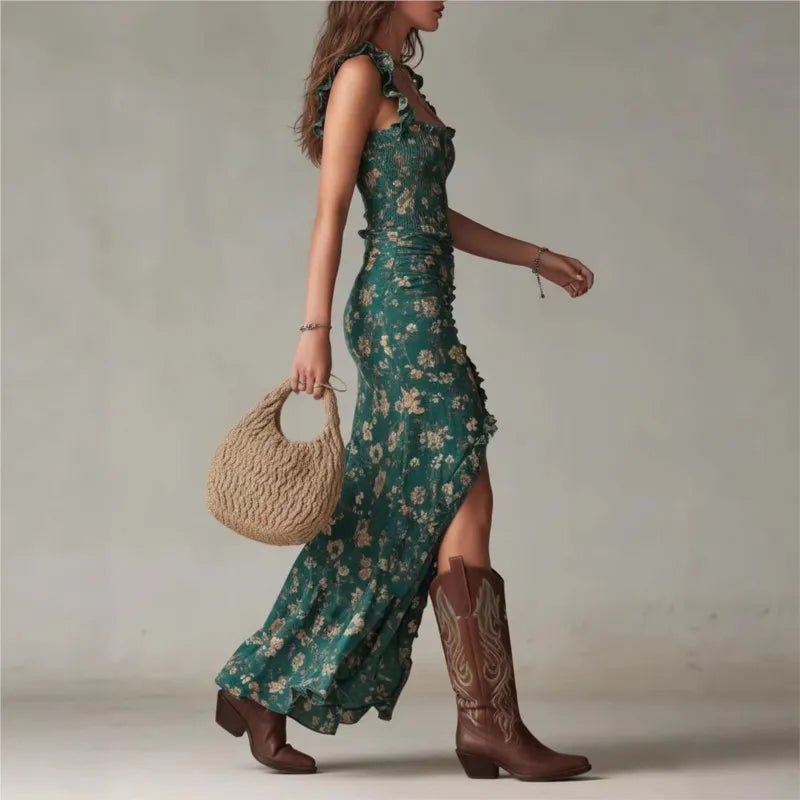Women's Elegant Floral Beach Low Cut Beach Party Slim Slit Dress Chic Bodycon Lady Sleeveless - American ThistleWomen's Elegant Floral Beach Low Cut Beach Party Slim Slit Dress Chic Bodycon Lady Sleeveless