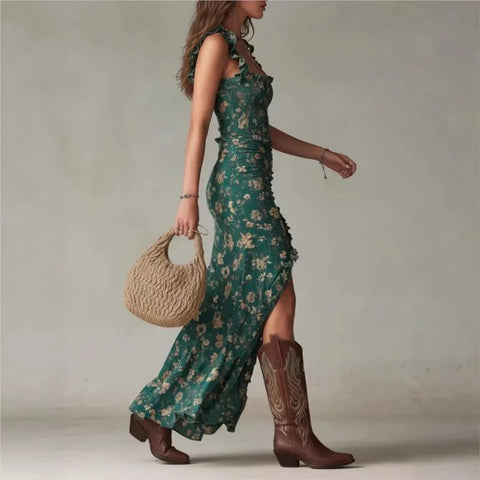Women's Elegant Floral Beach Low Cut Beach Party Slim Slit Dress Chic Bodycon Lady Sleeveless - American ThistleWomen's Elegant Floral Beach Low Cut Beach Party Slim Slit Dress Chic Bodycon Lady Sleeveless