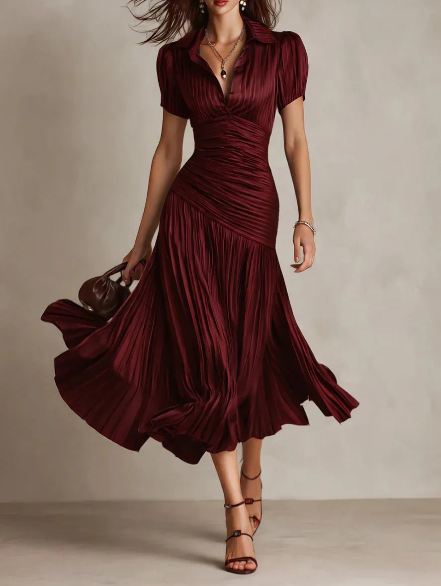 Women's Elegant Striped High - waisted Dress Waist Slimming Short - sleeved Lapel A - line Skirt - American ThistleWomen's Elegant Striped High - waisted Dress Waist Slimming Short - sleeved Lapel A - line Skirt