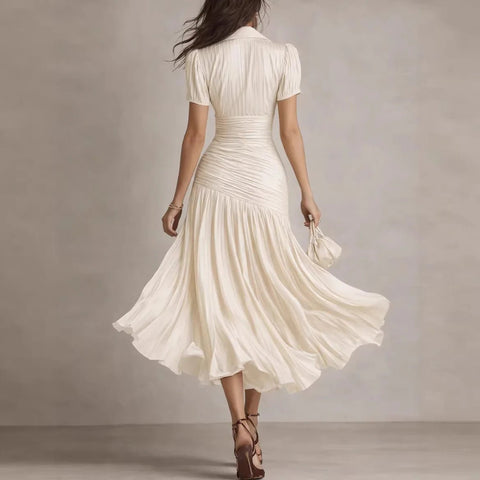 Women's Elegant Striped High - waisted Dress Waist Slimming Short - sleeved Lapel A - line Skirt - American ThistleWomen's Elegant Striped High - waisted Dress Waist Slimming Short - sleeved Lapel A - line Skirt