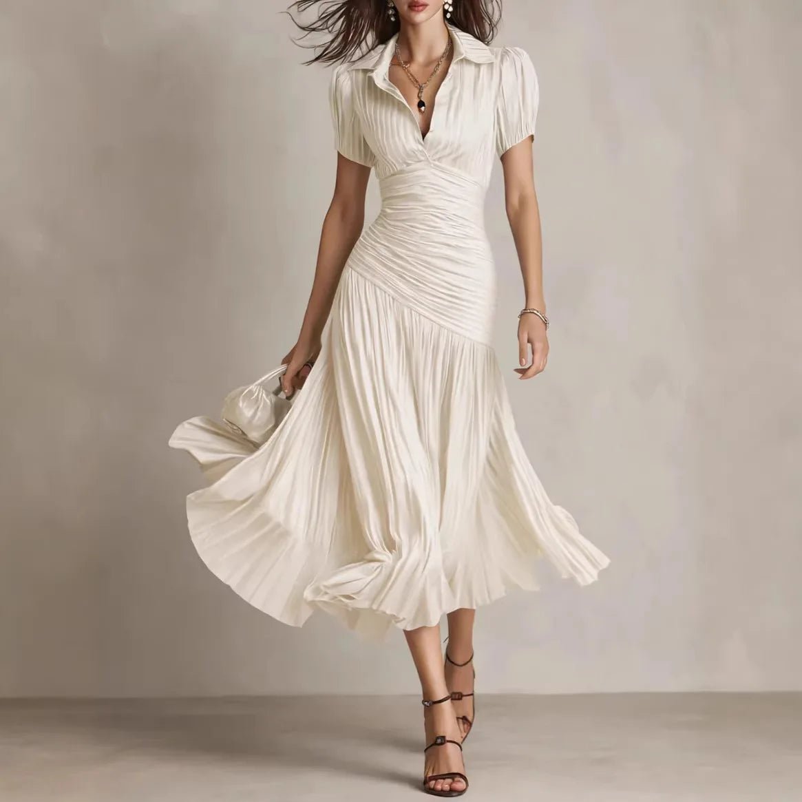 Women's Elegant Striped High - waisted Dress Waist Slimming Short - sleeved Lapel A - line Skirt - American ThistleWomen's Elegant Striped High - waisted Dress Waist Slimming Short - sleeved Lapel A - line Skirt