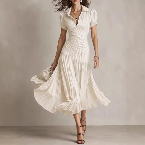 Women's Elegant Striped High - waisted Dress Waist Slimming Short - sleeved Lapel A - line Skirt - American ThistleWomen's Elegant Striped High - waisted Dress Waist Slimming Short - sleeved Lapel A - line Skirt