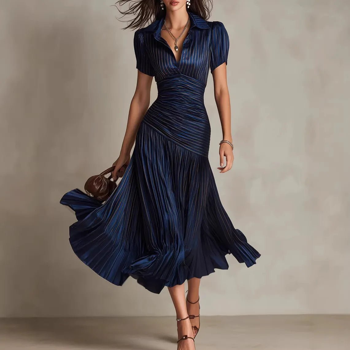 Women's Elegant Striped High - waisted Dress Waist Slimming Short - sleeved Lapel A - line Skirt - American ThistleWomen's Elegant Striped High - waisted Dress Waist Slimming Short - sleeved Lapel A - line Skirt