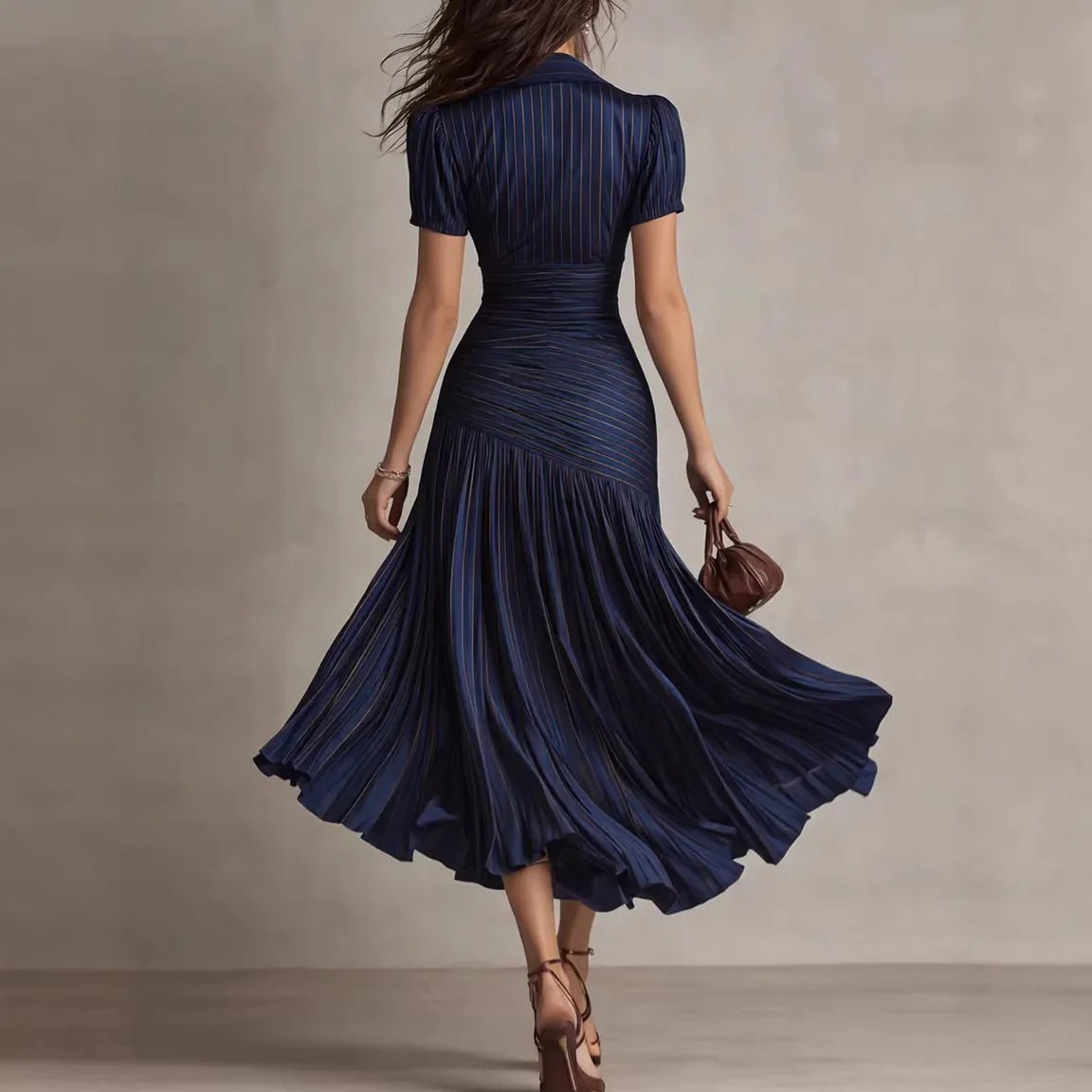 Women's Elegant Striped High - waisted Dress Waist Slimming Short - sleeved Lapel A - line Skirt - American ThistleWomen's Elegant Striped High - waisted Dress Waist Slimming Short - sleeved Lapel A - line Skirt