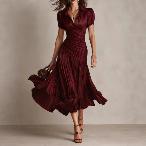 Women's Elegant Striped High - waisted Dress Waist Slimming Short - sleeved Lapel A - line Skirt - American ThistleWomen's Elegant Striped High - waisted Dress Waist Slimming Short - sleeved Lapel A - line Skirt