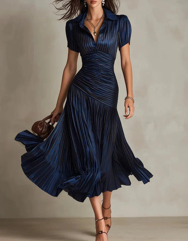 Women's Elegant Striped High - waisted Dress Waist Slimming Short - sleeved Lapel A - line Skirt - American ThistleWomen's Elegant Striped High - waisted Dress Waist Slimming Short - sleeved Lapel A - line Skirt