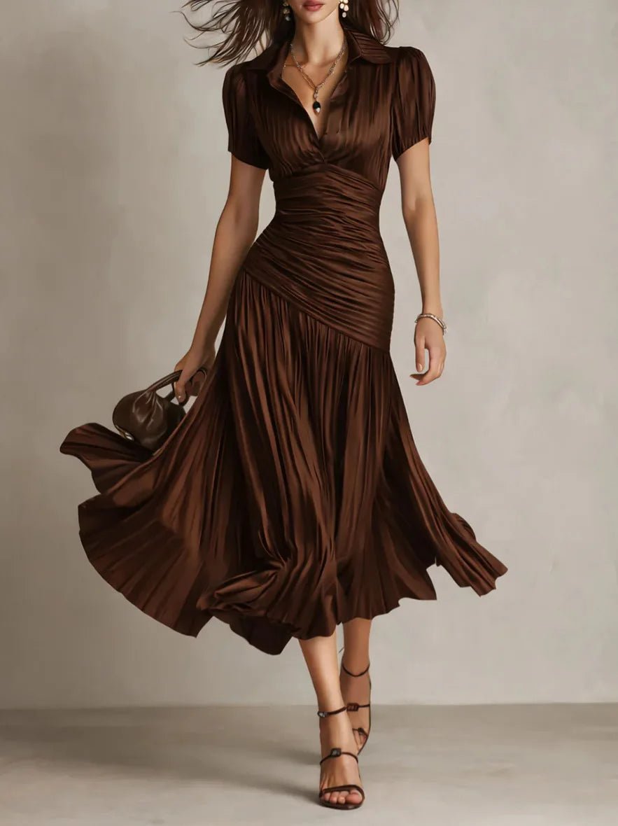 Women's Elegant Striped High - waisted Dress Waist Slimming Short - sleeved Lapel A - line Skirt - American ThistleWomen's Elegant Striped High - waisted Dress Waist Slimming Short - sleeved Lapel A - line Skirt
