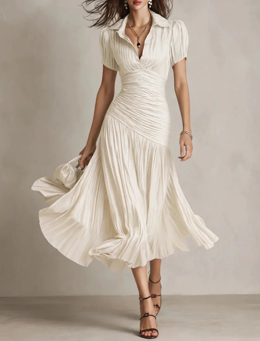 Women's Elegant Striped High - waisted Dress Waist Slimming Short - sleeved Lapel A - line Skirt - American ThistleWomen's Elegant Striped High - waisted Dress Waist Slimming Short - sleeved Lapel A - line Skirt