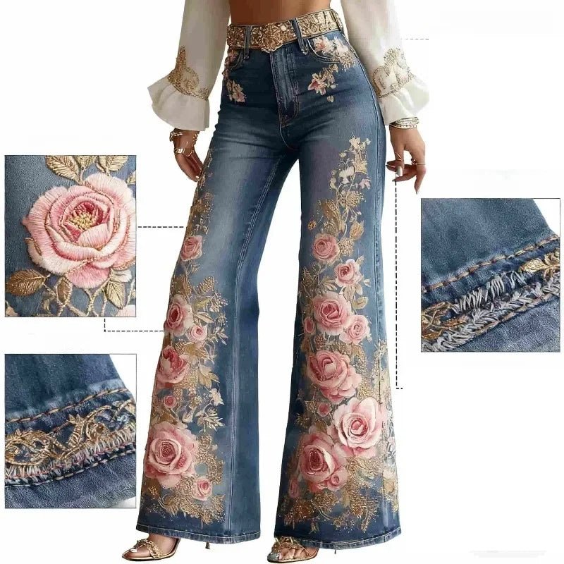 Women's Floral Embroidered High Waist Flared Jeans Vintage Boho Wide Leg Denim Jeans - American Thistle Women's Floral Embroidered High Waist Flared Jeans Vintage Boho Wide Leg Denim Jeans
