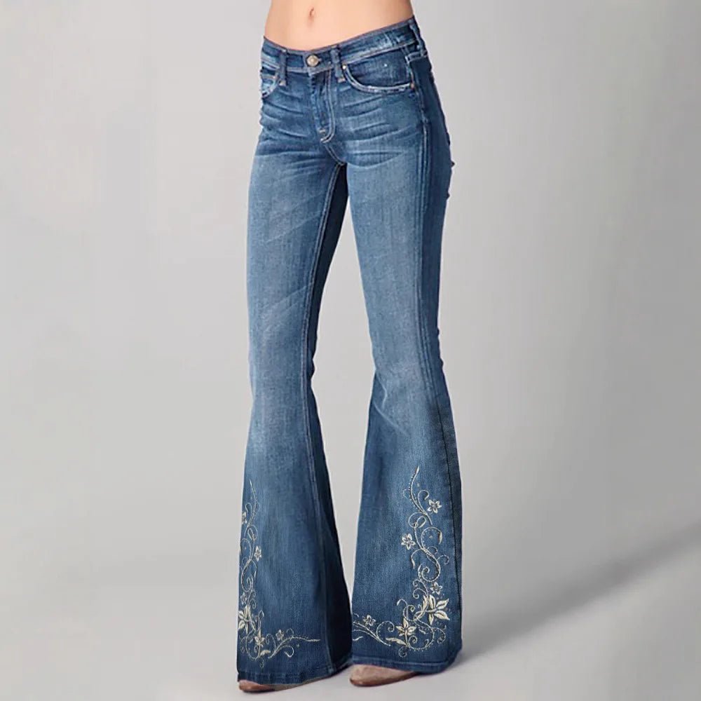 Women's Floral Embroidered High Waist Flared Jeans Vintage Boho Wide Leg Denim Jeans - American Thistle Women's Floral Embroidered High Waist Flared Jeans Vintage Boho Wide Leg Denim Jeans