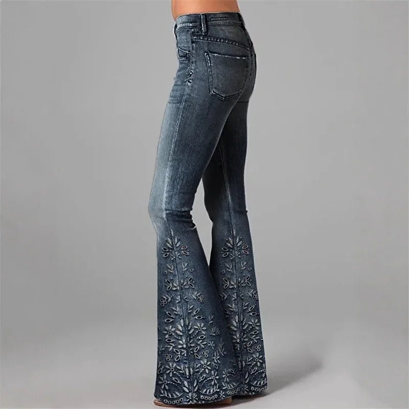 Women's Floral Embroidered High Waist Flared Jeans Vintage Boho Wide Leg Denim Jeans - American Thistle Women's Floral Embroidered High Waist Flared Jeans Vintage Boho Wide Leg Denim Jeans