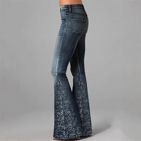 Women's Floral Embroidered High Waist Flared Jeans Vintage Boho Wide Leg Denim Jeans - American Thistle Women's Floral Embroidered High Waist Flared Jeans Vintage Boho Wide Leg Denim Jeans