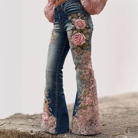Women's Floral Embroidered High Waist Flared Jeans Vintage Boho Wide Leg Denim Jeans - American Thistle Women's Floral Embroidered High Waist Flared Jeans Vintage Boho Wide Leg Denim Jeans